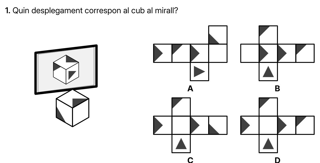 Ejercicio del libro: un cubo delante de un espejo y cuatro desplegados posibles etiquetados A, B, C y D.