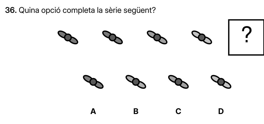 Ejercicio del libro: una serie de cuatro figuras de colores con una incógnita y cuatro opciones.