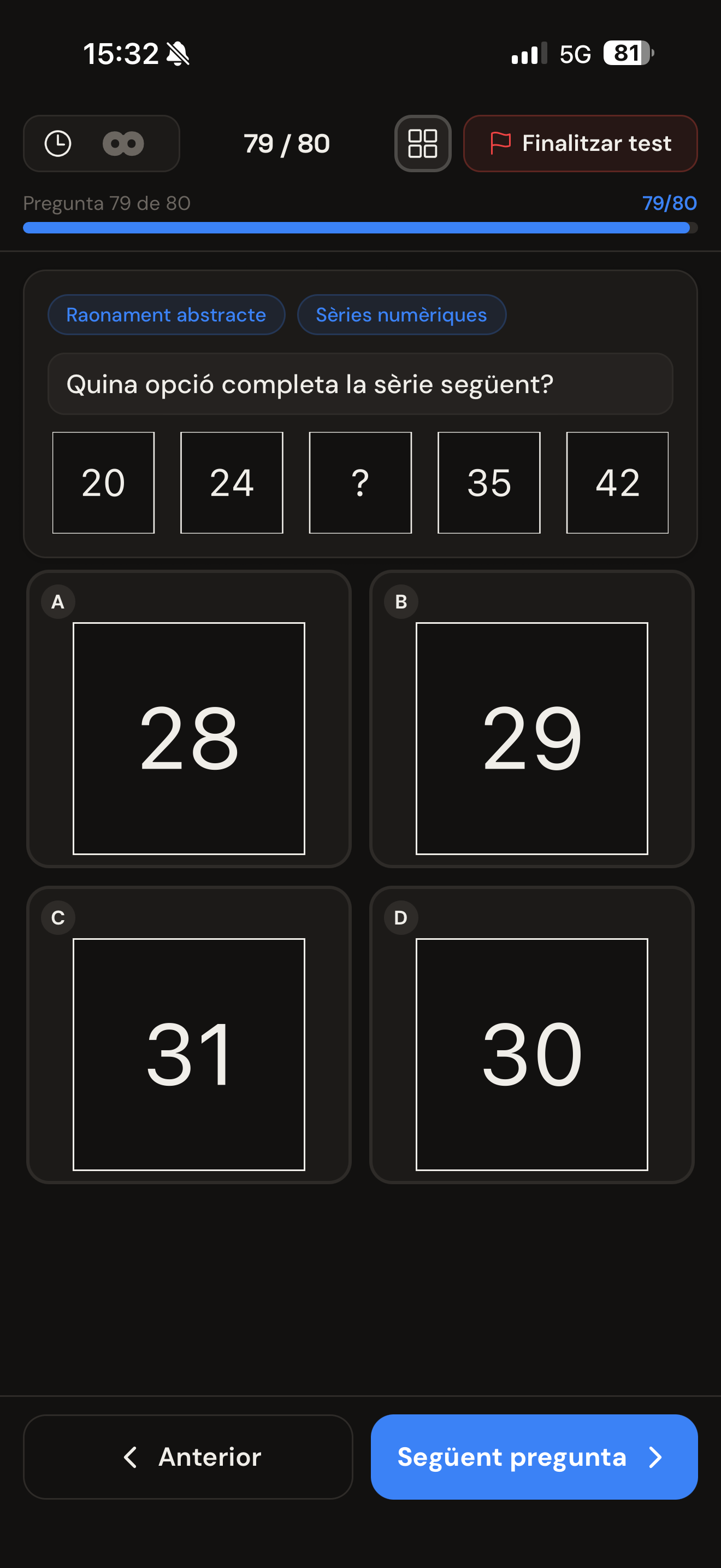 Ejercicio psicotécnico de razonamiento abstracto: serie numérica a completar