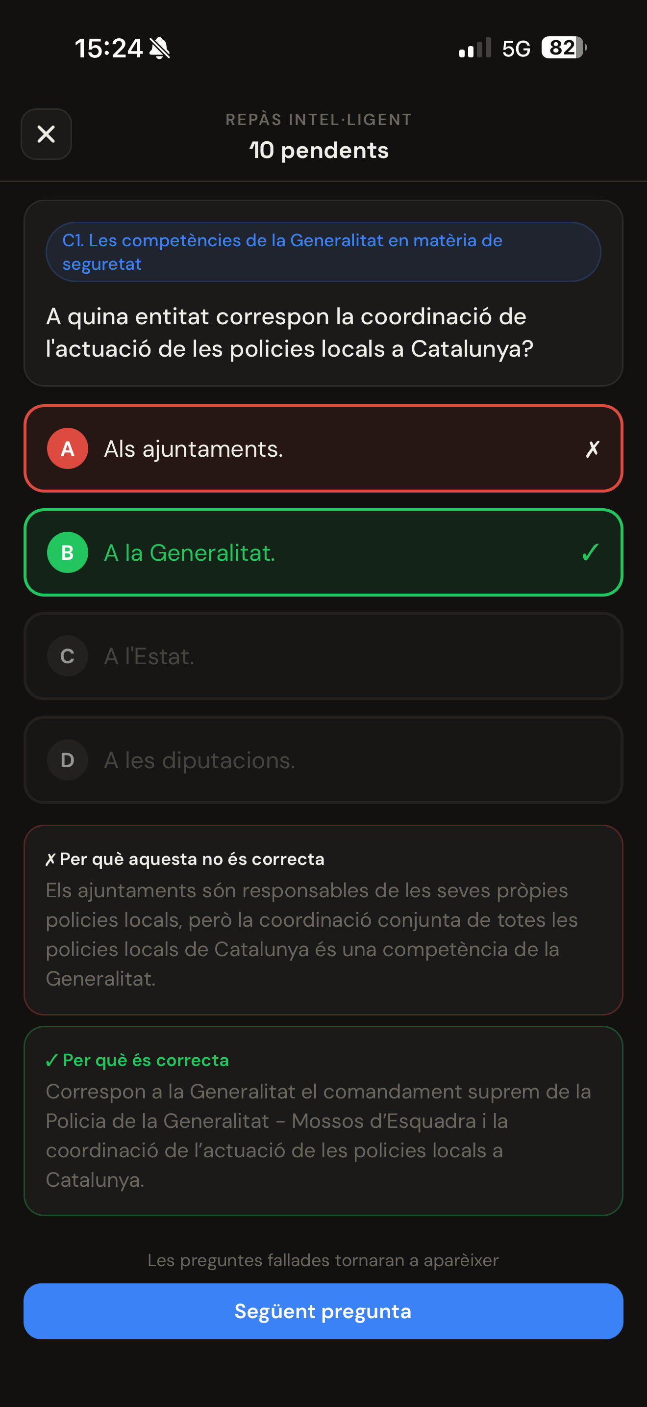 Tarjeta de explicación con respuesta correcta y explicación del porqué